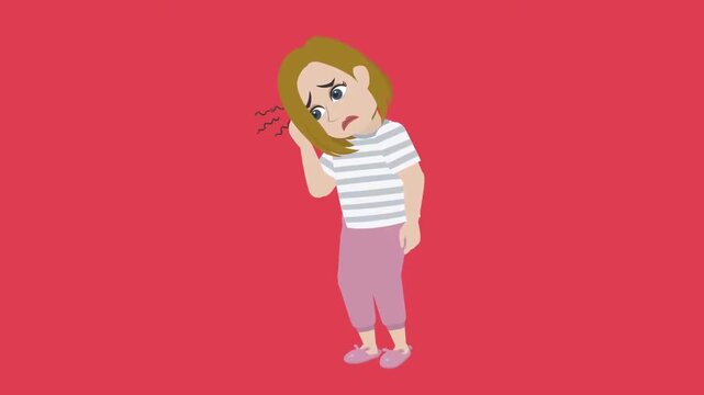 2D animation of a woman holding her head with an expression of pain or headache red background concept