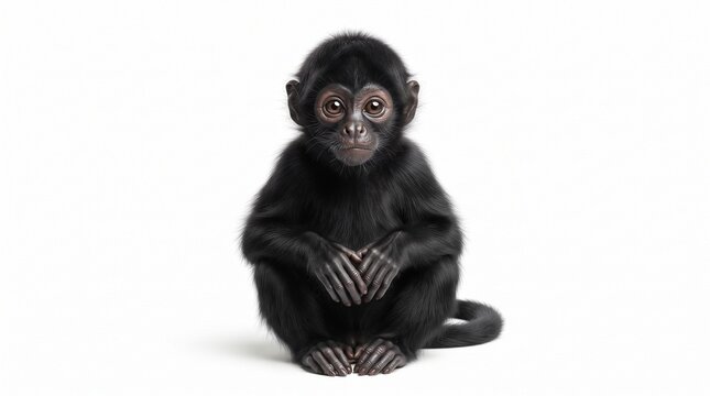 Baby spider monkey with black fur sitting on white background, young primate portrait, cute exotic animal studio shot for wildlife education