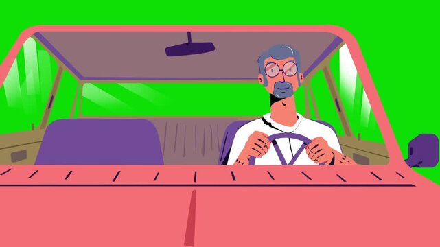 Cartoon Older Man Driving Car Alone on Green Screen Animation