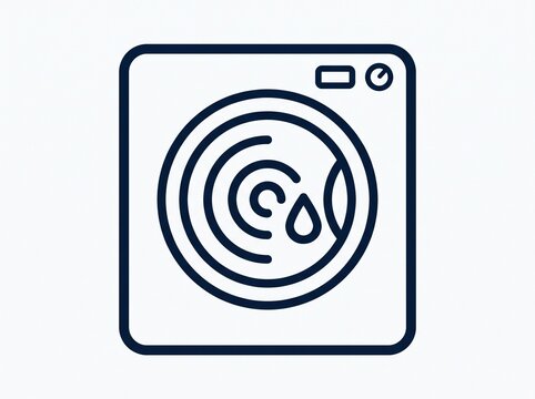Black and white symbolic vector icon of a washing machine with water drops, laundry and washing appliance concept graphic