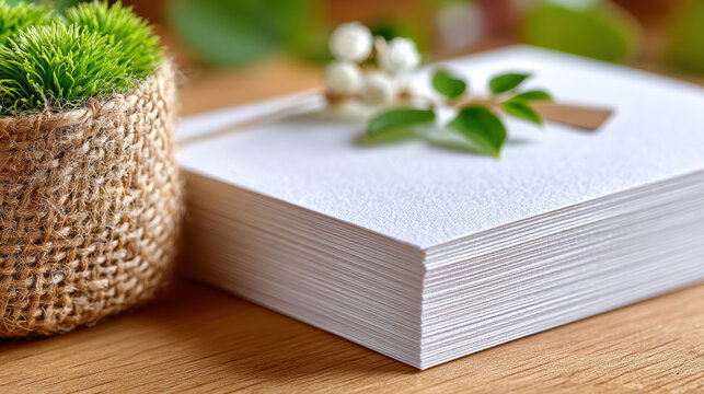 Close top view of stacked printable paper mockup and textured stationery sheets on wooden table for print sample presentation, invitation layout preview, branding and product listing