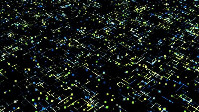黄色の光点が散る抽象的なデジタル回路パターン