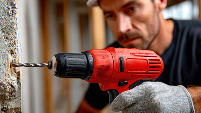 Closeup red drill drilling wall frame for electrical installation background for renovation banner and repair design