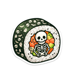 Kawaii Halloween sushi roll sticker, cute skeleton maki vector illustration, spooky gothic food art isolated on White Background © LIKHON