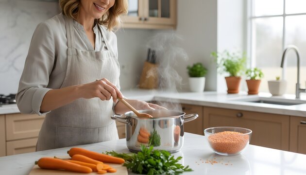 Smiling adult woman cooking healthy homemade lentil soup with fresh carrots and herbs in a modern kitchen for a balanced diet and wellness lifestyle concept