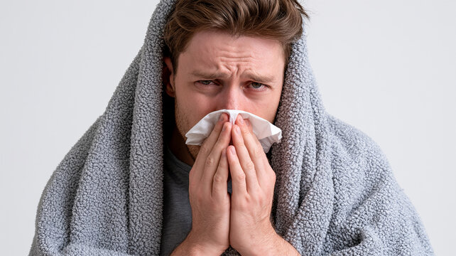 Sick man wrapped in a blanket blowing his nose with tissue, suffering from cold, flu or seasonal illness at home
