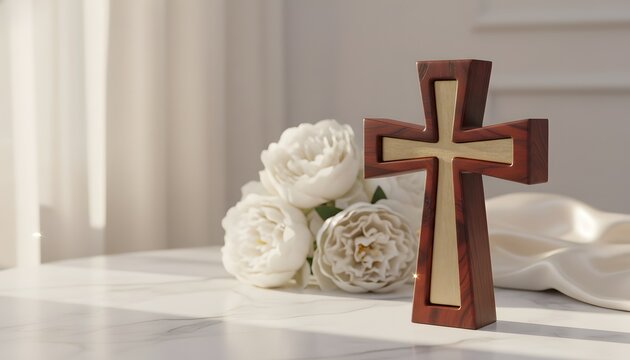 Ornate wooden unity cross standing beside white peony flowers on a marble table for a christian wedding ceremony concept with soft natural lighting