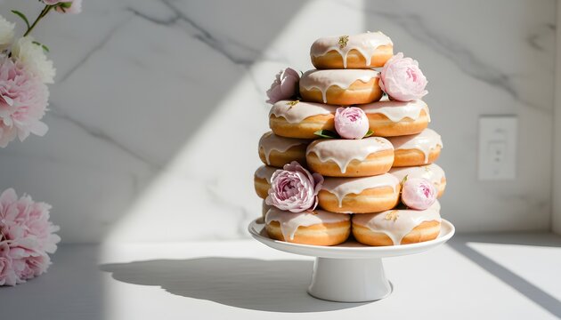Elegant wedding donut tower decorated with white glaze dripping and fresh pink peony flowers on a cake stand for a modern dessert party catering concept with bright shadows