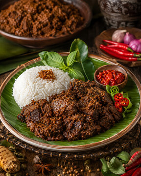 Authentic Indonesian Padang beef rendang served with white rice and sambal on a banana leaf