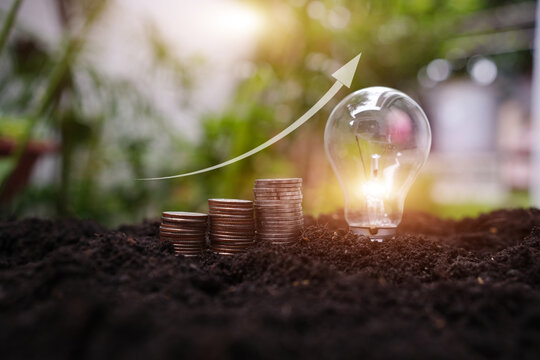 A coin placed on the ground featuring an image of a light bulb and an upward-pointing arrow, symbolizing business growth.
