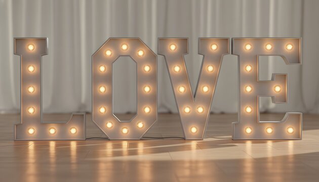 Large marquee letters spelling love with glowing lights standing on a wooden floor for wedding celebration concept, elegant event decoration with warm illumination