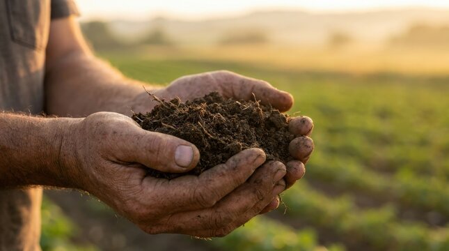 Soil Carbon Restoration: Farmer examining healthy soil after regenerative farming practices