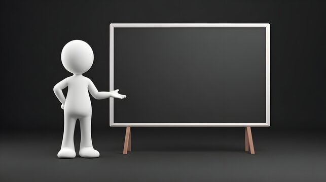 3D white stick figure pointing at a blank blackboard, representing education, presentations, teaching, business planning, communication, and learning concepts.