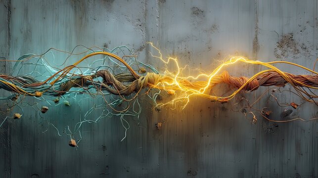 Dynamic Energy Flow Represented by Colorful Wires and Sparks Illustrating Electrical Connectivity and Power Transfer