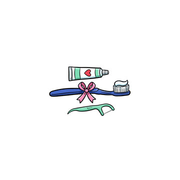 Oral Hygiene Collection Including A Blue Toothbrush With A Pink Bow Tied Around It A Toothpaste Tube With A Red Heart Design And A Green Illustration