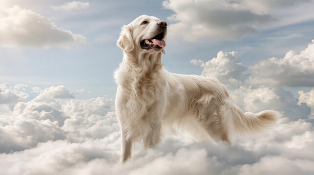 Golden retriever in the clouds symbolizing pet remembrance, loyal companion crossing the rainbow bridge, peaceful heavenly afterlife, love, loss, comfort and cherished memories