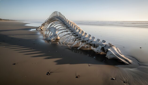 Massive whale skeleton lying on a deserted sandy beach at sunrise casting long dramatic shadows, representing climate change and marine life extinction concept