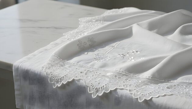 White baptismal blanket with delicate cross embroidery and lace trim resting on a marble surface for Christian ceremony, faith, and purity concept in soft light