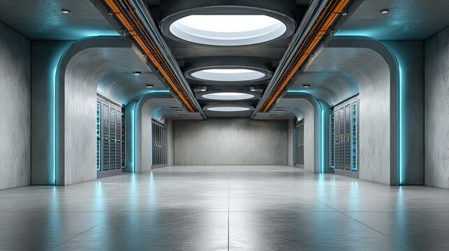 Futuristic interior design with ambient lighting and spacious layout featuring circular skylights and smooth concrete walls