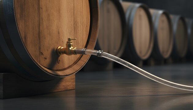 Wooden wine barrel with hose attached to a golden brass spigot in a rustic cellar room for traditional winemaking, aging process and craft distillery concept
