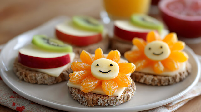 Fun snack plate with bite-sized whole grain sandwiches, cheese slices, and fresh fruit arranged in playful shapes for children.