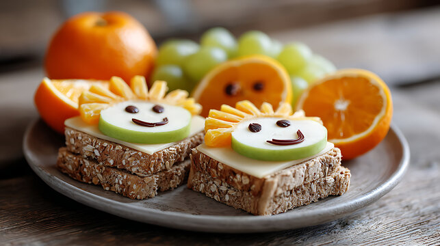Fun snack plate with bite-sized whole grain sandwiches, cheese slices, and fresh fruit arranged in playful shapes for children.