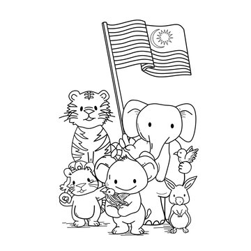 Cute Malaysian Animals Holding Jalur Gemilang Merdeka Day Coloring Page