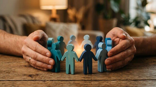 Hands Cupping a Circle of Wooden Human Figurines Representing Community and Support