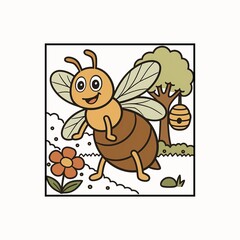 Happy cartoon bee flying near a flower and beehive in a sunny meadow isolated on white background
