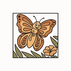 Smiling cartoon butterfly with patterned wings flying near a flower and leaves isolated on white background