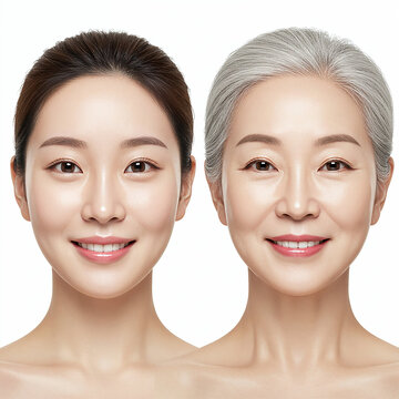Two women stand side by side. On the left is a young woman with a smooth face. On the right is an older woman with gray hair. Both women smile at the camera in a bright studio.