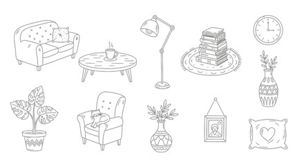 Fototapeta premium Hand Drawn Interior Design Elements and Home Decor Sketch Set.