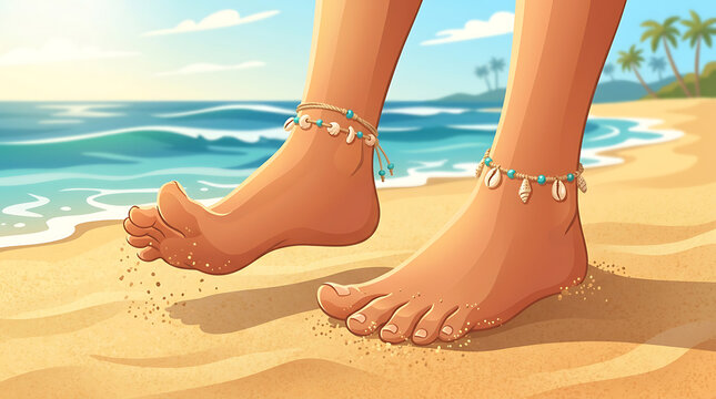 Bare feet with shell anklets on golden sand at a sunny beach with ocean waves