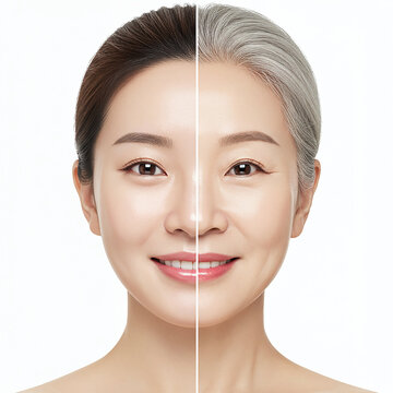 A person stands with half of their face showing youthful skin and the other half showing signs of aging. The background is plain and highlights the differences in skin texture and color.