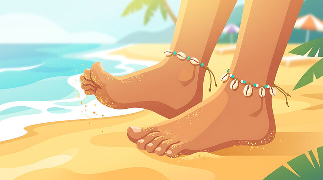 Close-up of bare feet adorned with shell anklets on a sunny golden beach with ocean waves in the background