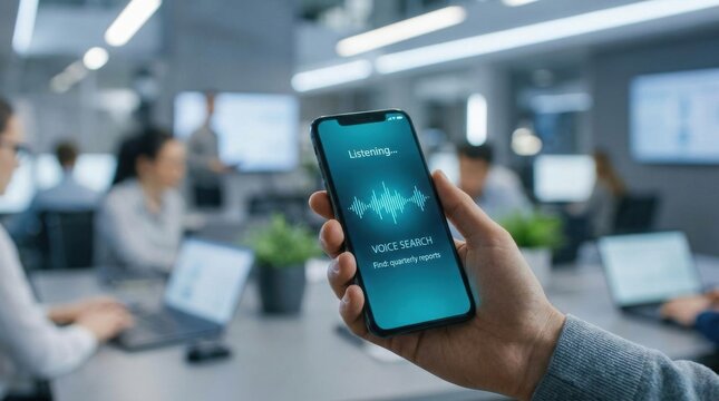 Voice Recognition: Mobile device processing voice search requests inside a connected workspace 