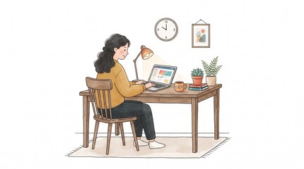 Fototapeta premium Young woman working on laptop at cozy home office desk watercolor illustration