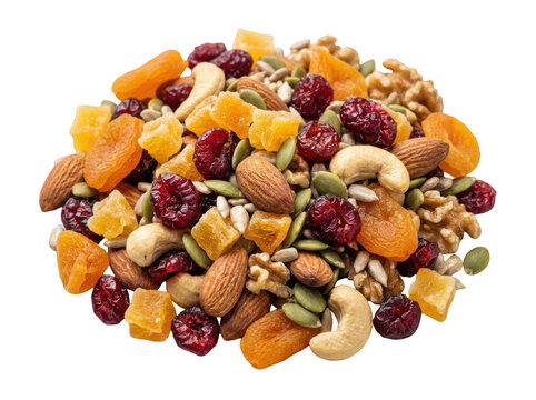 Healthy trail mix with nuts and dried fruit. Organic snack blend with seeds and berries.