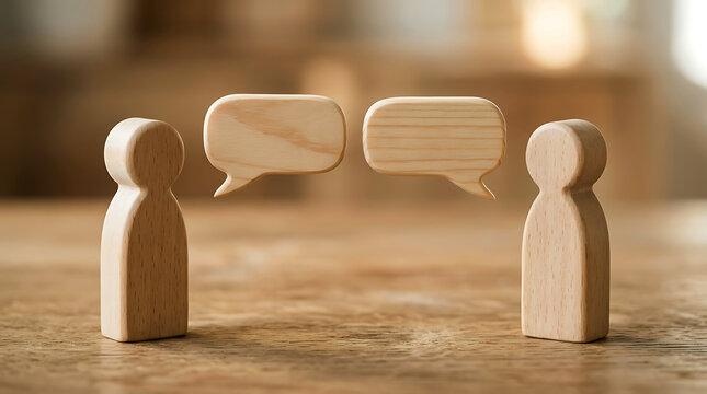 Wooden Human Figurines with Speech Bubbles Concept for Communication and Dialogue