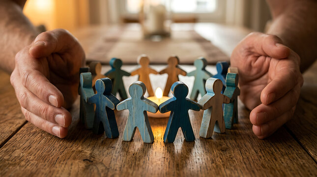 Hands Protecting a Group of Wooden People Figures Standing in a Circle with Candle