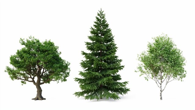 Green deciduous and coniferous trees collection, set of three diverse tree species on white background, realistic oak and pine and birch plants