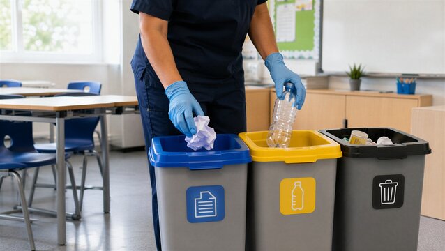 School worker sorting paper, plastic and general waste into separate bins. Recycling, sustainability, hygiene and responsible classroom maintenance.