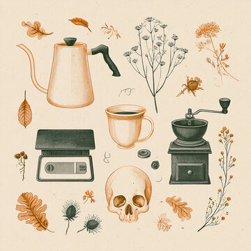 Set of vintage coffee equipment with human skull coffee cup and dry oak leaves illustration