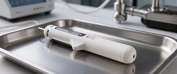 Naklejka premium Medical pharmaceutical technology device on steel tray in clinic lab