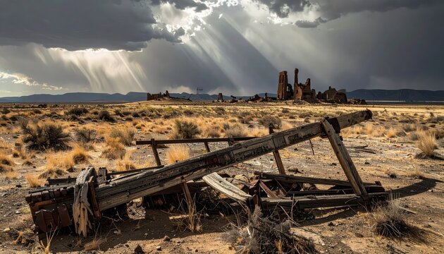 Dramatic storm light over abandoned wooden wagon ruins in a desolate desert landscape with distant ghost town