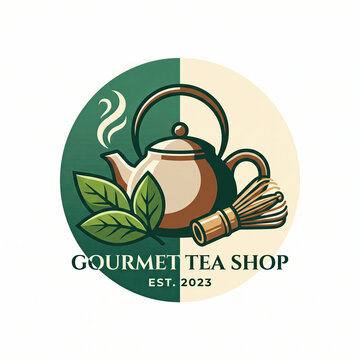 Circular logo for Gourmet Tea Shop with teapot, leaves, and matcha whisk.