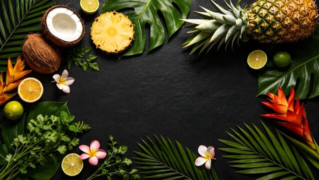 Tropical fruits and leaves frame on black background.