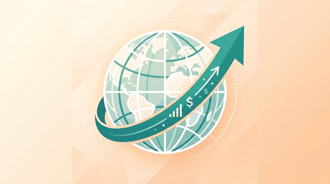 Global business growth icon with rising arrow and globe