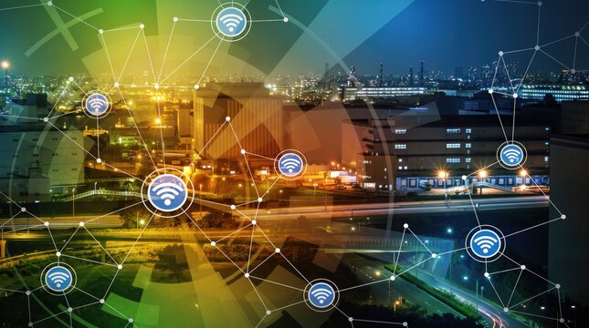 Smart city network overlay on industrial urban night scene, IoT connectivity icons, digital transformation of infrastructure, wireless communication technology
