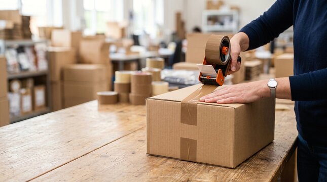 Worker sealing a cardboard box with tape in a warehouse